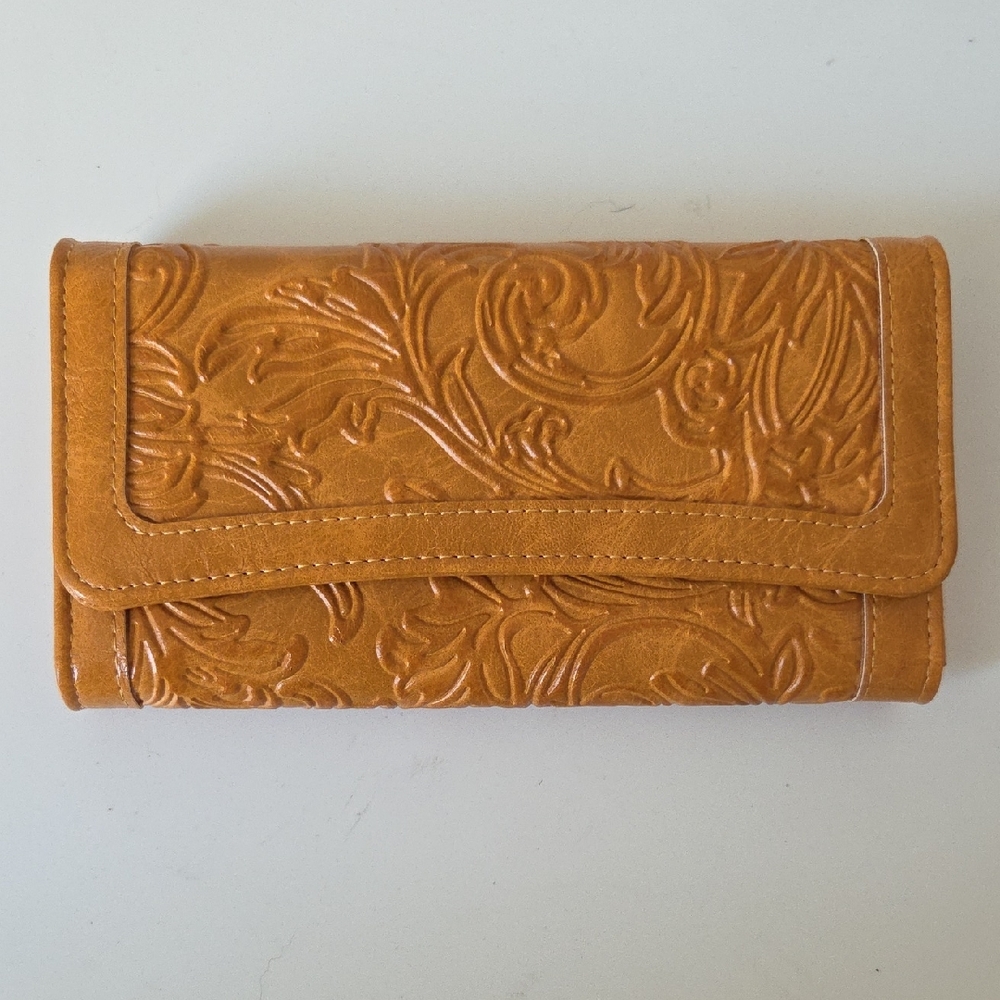 Leather Trifold Wallet with Intricate Floral Embossing RFID Snap Closure NWOT